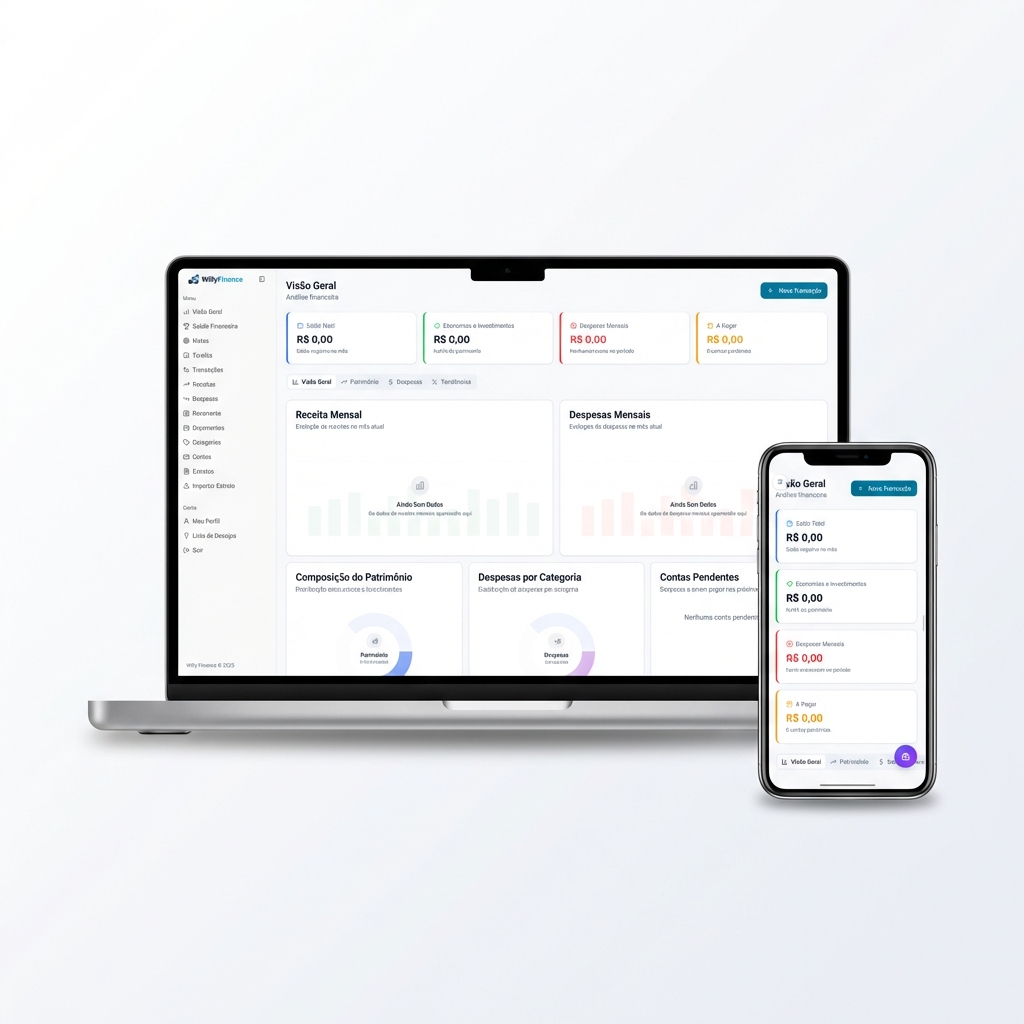 Dashboard do Willy Finance em diferentes dispositivos